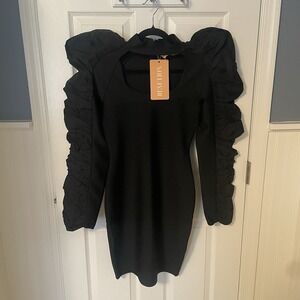 Rene Lion Black Mini Dress Puff Sleeves Women's Size 4 Luxury Party Designer NWT